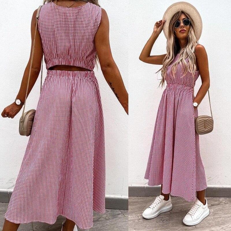 

Elegant Fashion Plaid Print Lady Dress Summer Casual Pocket Back A-Line Party Dress Women Fashion Loose Beach Dress XXL червоний