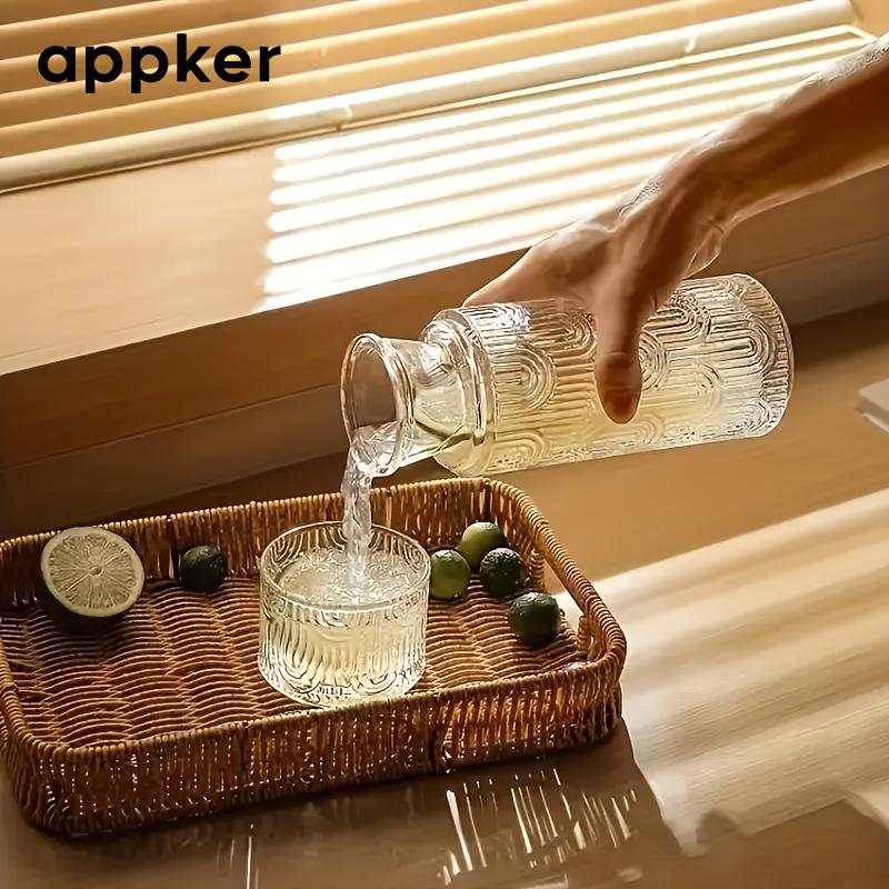 A Vintage Vertical Striped Large Capacity Glass Kettle with Cup, Suitable for Bedroom Nightstand, Study Room And Office