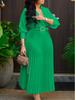 Women's 2026 Spring V-Neck Solid Color Long Sleeve Pleated Dress