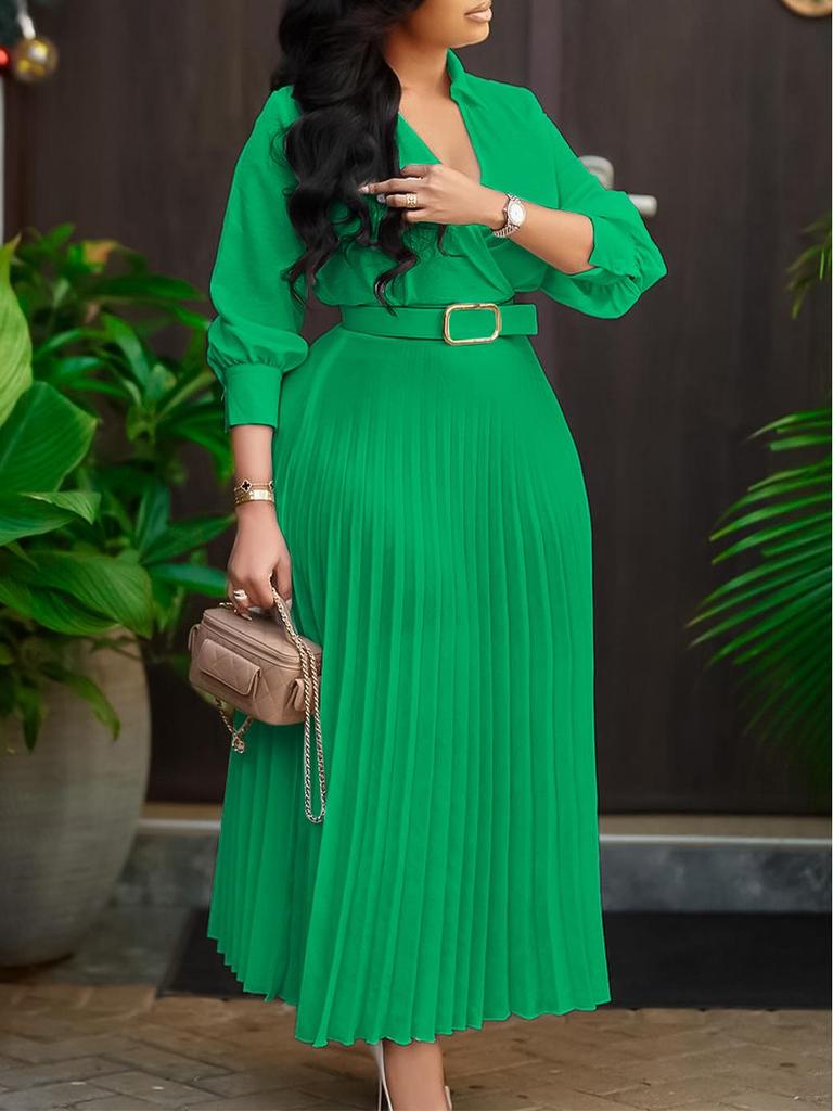 Women's 2026 Spring V-Neck Solid Color Long Sleeve Pleated Dress