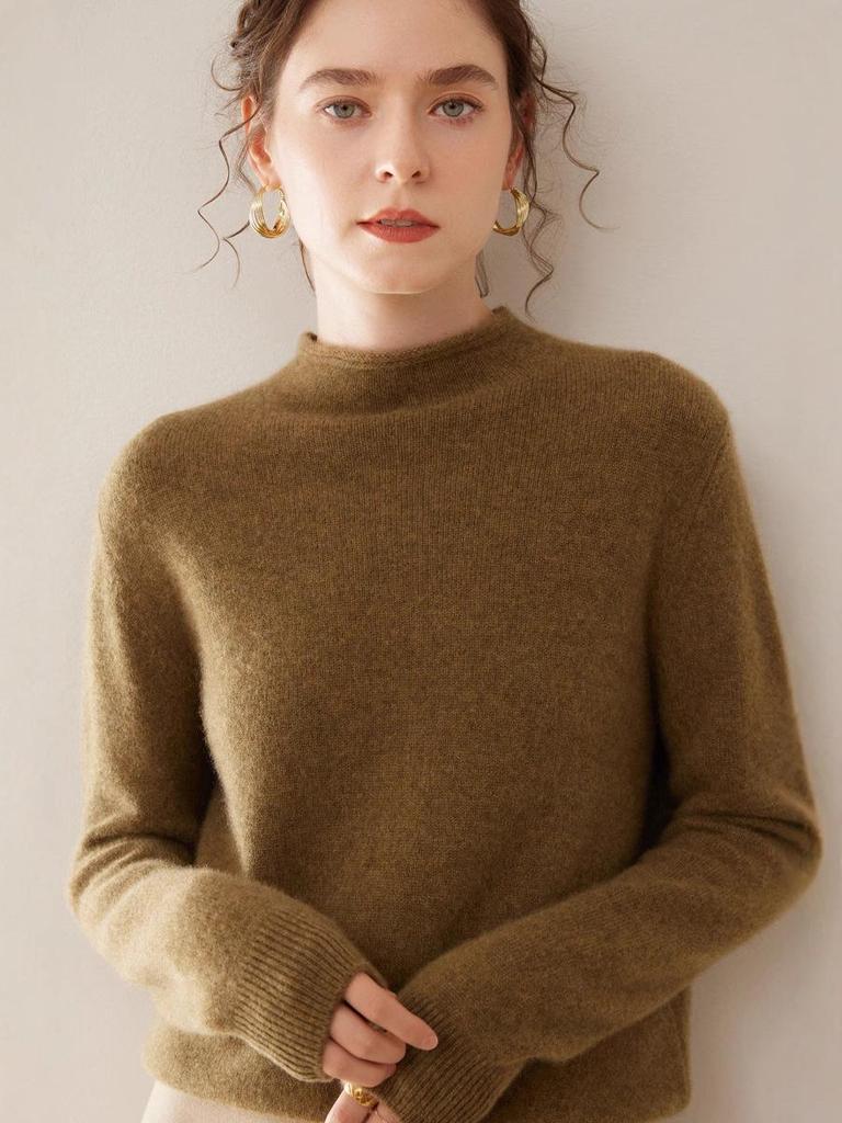 Women's Minimalist Cashmere Semi-High Neck Rolled-Edge Sweater - Loose Fit, Slimming, Long Sleeve