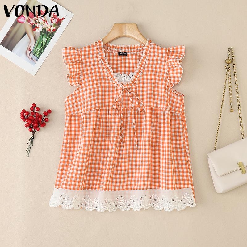 

VONDA Women Sleeveless Ruffled Crochet Lace Hem Plaid Casual Tank Tops 2XL оранжевый
