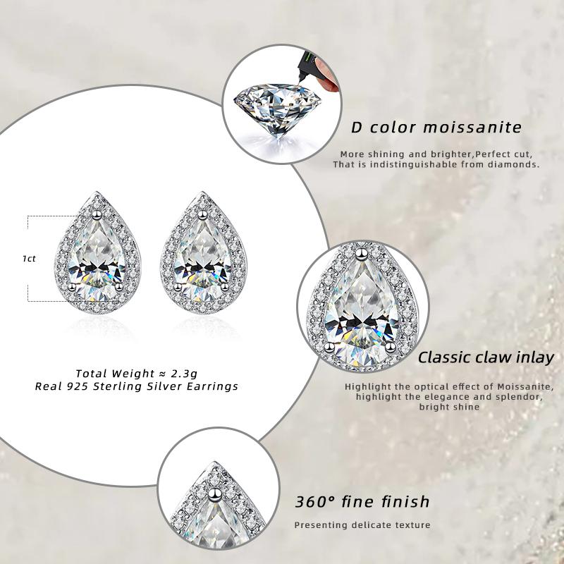 Bague Ringen 100% 925 Sterling Silver 1CT Water Drop Moissanite Stud Earrings For Women Platinum Plated Party Fine Jewelry Gift