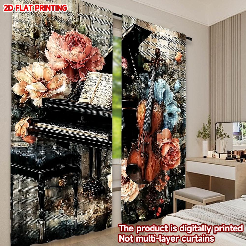 Artistic Piano Violin Music Curtains Romantic Sheet Roses Blossoms Vintage Paper Living Room Set Of 2 Made Polyester Area Decor