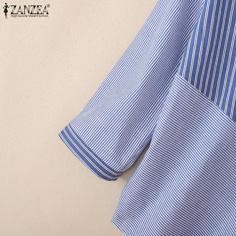 ZANZEA Women Casual V-Neck 3/4 Sleeve Loose Stripe Blouse
