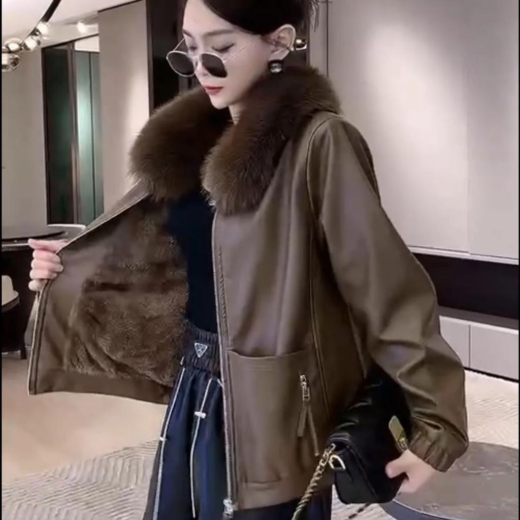 Zimní Teplo Plus Sametová Hrubá Kožená Bunda Dámská Móda Westernový Styl Odnímatelný Kožešinový Límec Kožená Bunda Trend