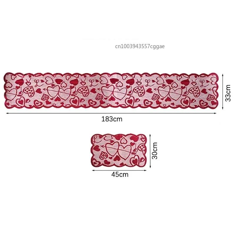 Valentines Day Decor Home Romantic Decorations Heart Shaped Table Runner,Red Lace Table Runner For Wedding Party