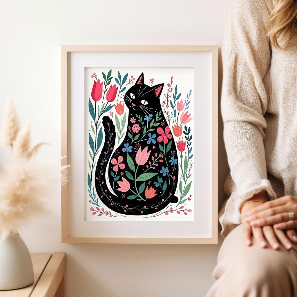 Poszter illusztráció macska virágokban