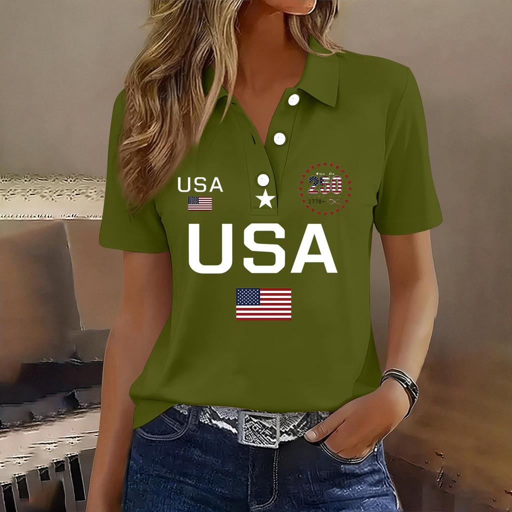 Damen Casual Kurzarm Knopf-Polohemd USA-Aufdruck 250. Jubiläum Grafik Leichtes Sommeroberteil