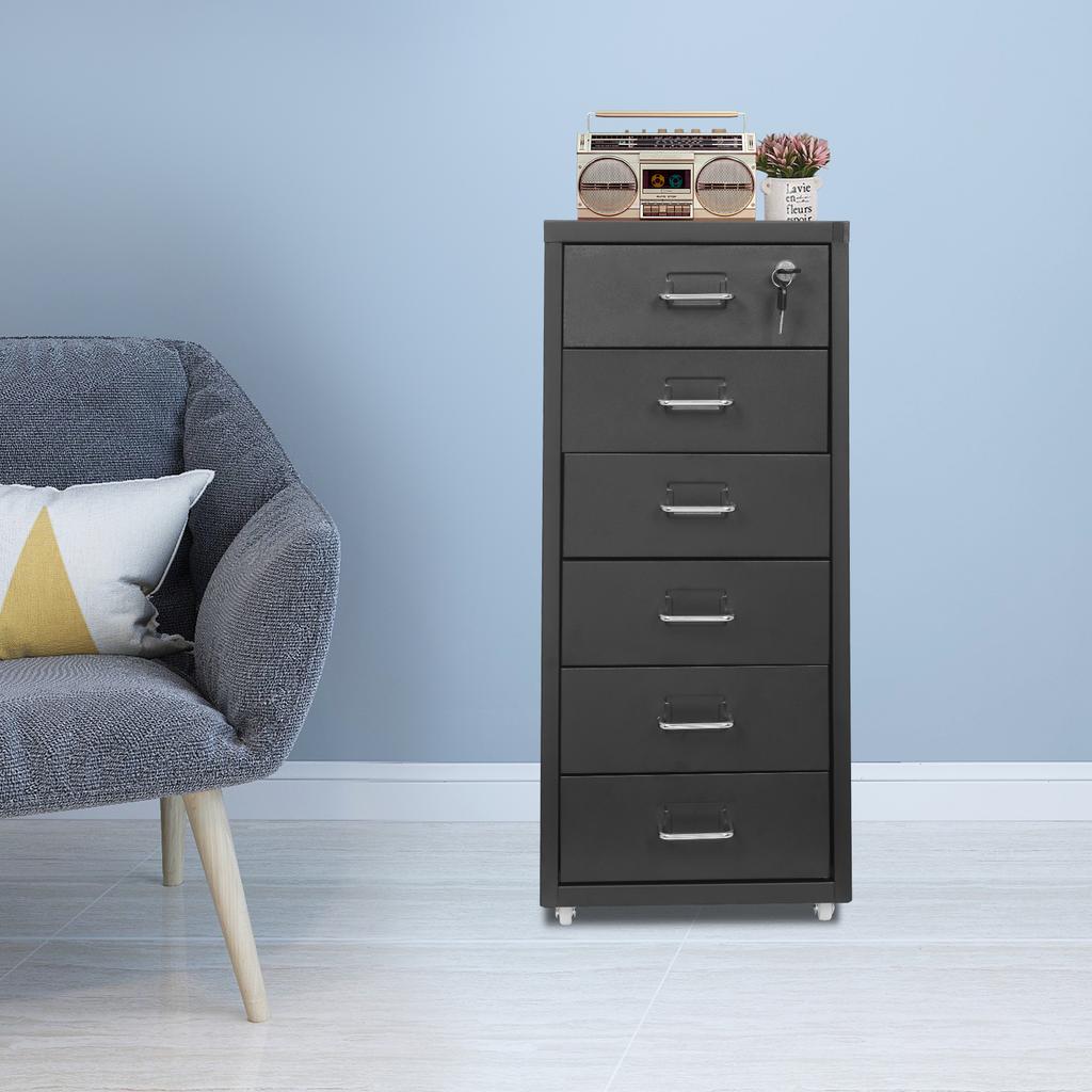 6-Tier Black Metal File Cabinet with Lock & Wheels, Vertical Filing Storage for Home Office, Modern Steel Cabinet, 28x41x69cm