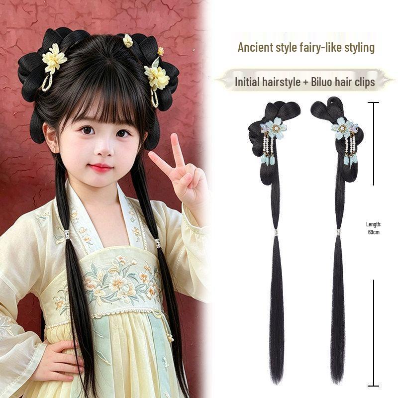 Girls' Hanfu Wig: Ancient Headdress, Children's Bun Bow Updo