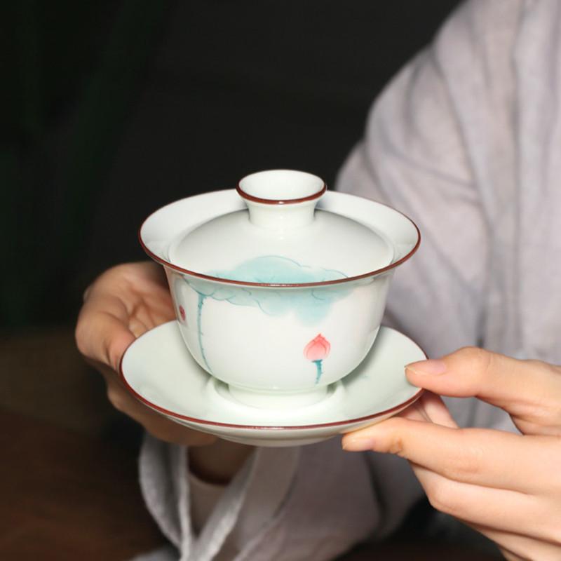 120ml Chinese White Porcelain Gaiwan Handmade Lotus Pattern Ceramic Teacup Travel Portable Tea Tureen Household Tea Bowl Teaware