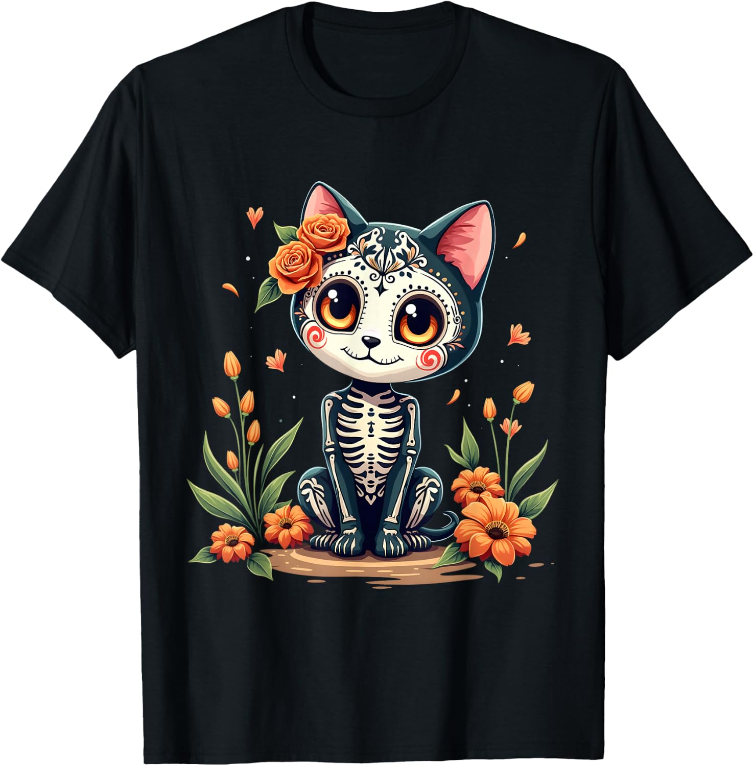Colorful Sugar Skull Cat Tee Mexican Halloween T-Shirt L