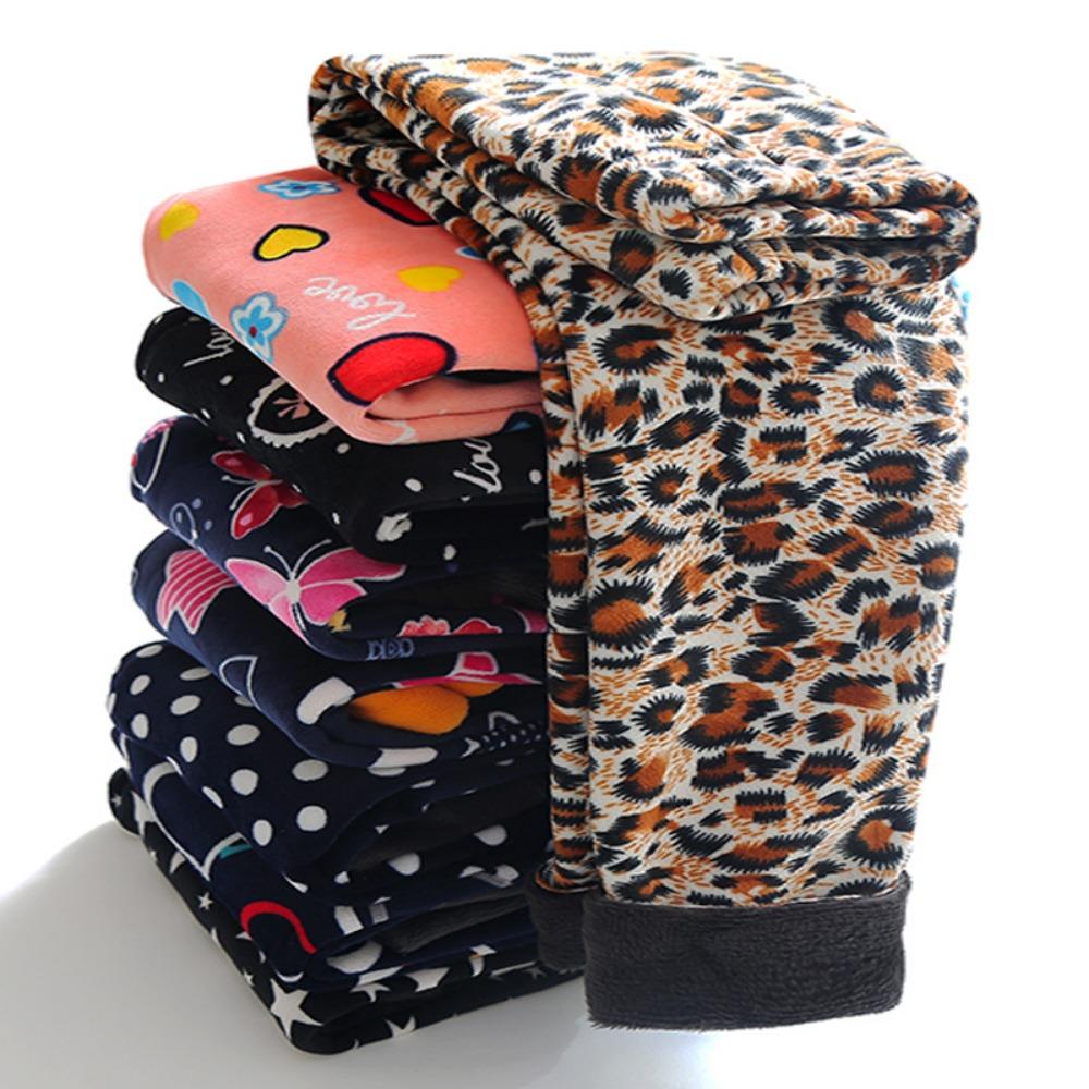 Girls' Fleece-Lined Leggings: Autumn/Winter Children's Printed Slim-Fit Thermal Pants - Outerwear Long Pants