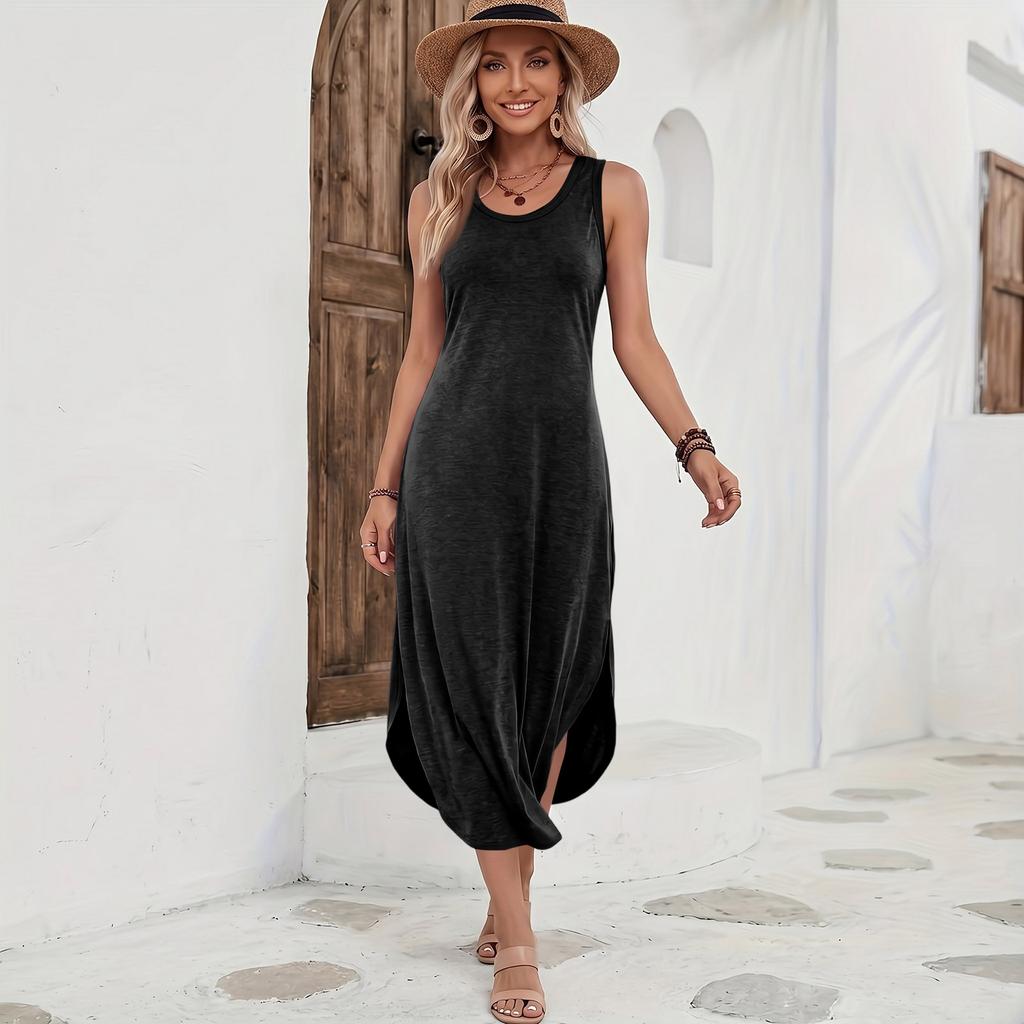 Ärmelloses lässiges Midi-Kleid in einfarbiger Ausführung mit lockerem Schnitt und seitlichem Schlitz, bequemes Sommerkleid für Damen
