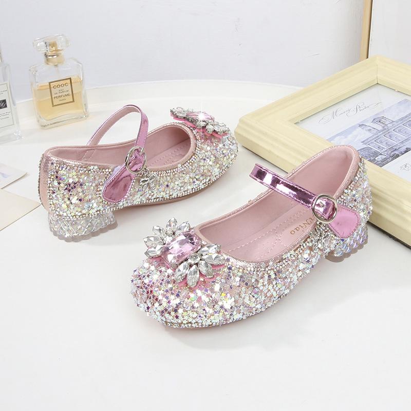 2024 New Autumn Crystal Princess Sequin High-Heel Leather Shoes for Girls