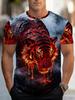 Men'S Tiger And Fire Print Short Sleeve T-Shirt - Polyester Breathable Quick-Dry, Trendy Streetwear Style Men'S Stylish Casual Round-Neck Patterned