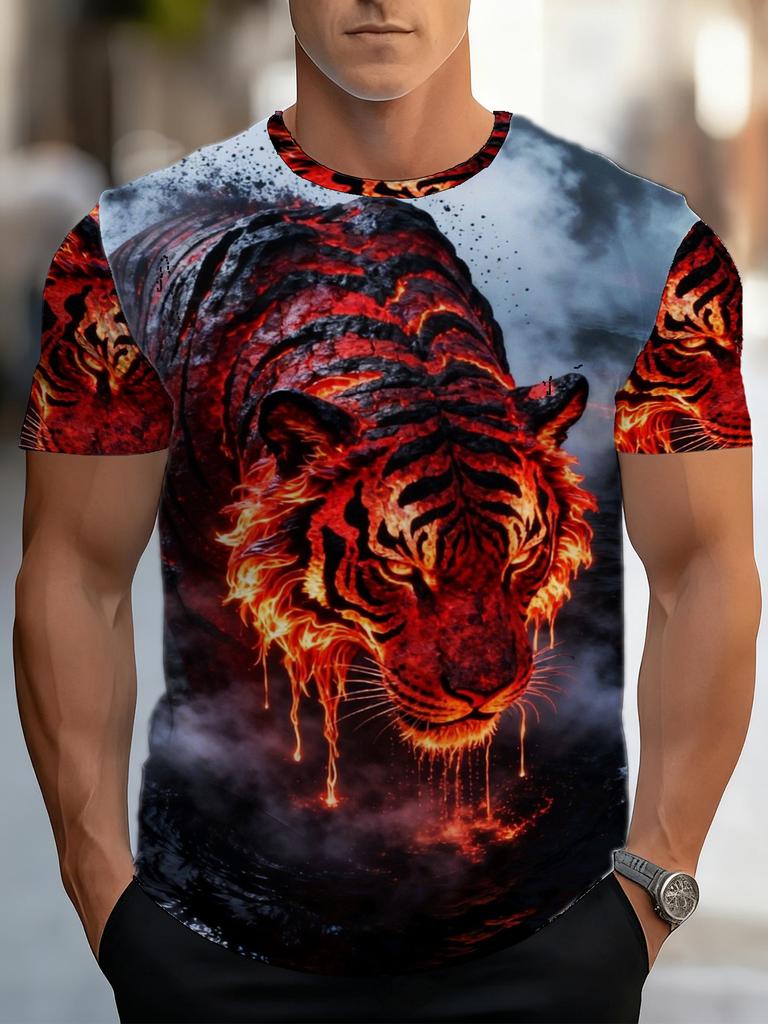 Men'S Tiger And Fire Print Short Sleeve T-Shirt - Polyester Breathable Quick-Dry, Trendy Streetwear Style Men'S Stylish Casual Round-Neck Patterned