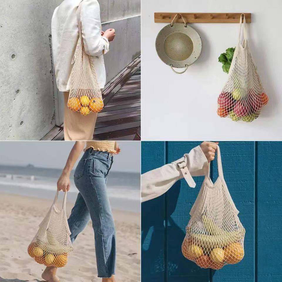Beige Handheld Woven Mesh Shopping Bag - Polyester Cotton, Fruit Shoulder Tote