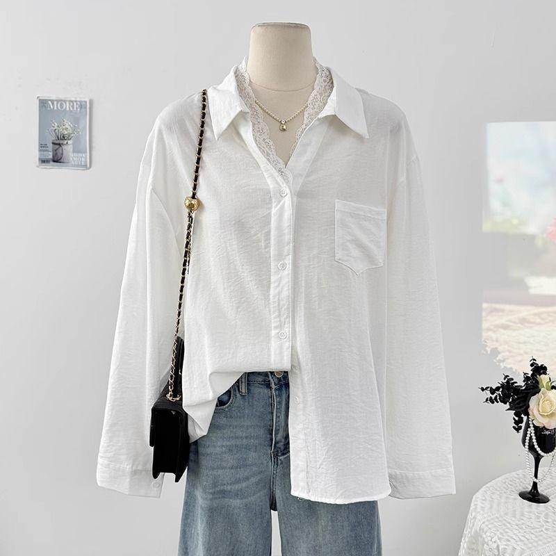 Women White Textured Pocket Long Sleeve Loose Shirt S белый
