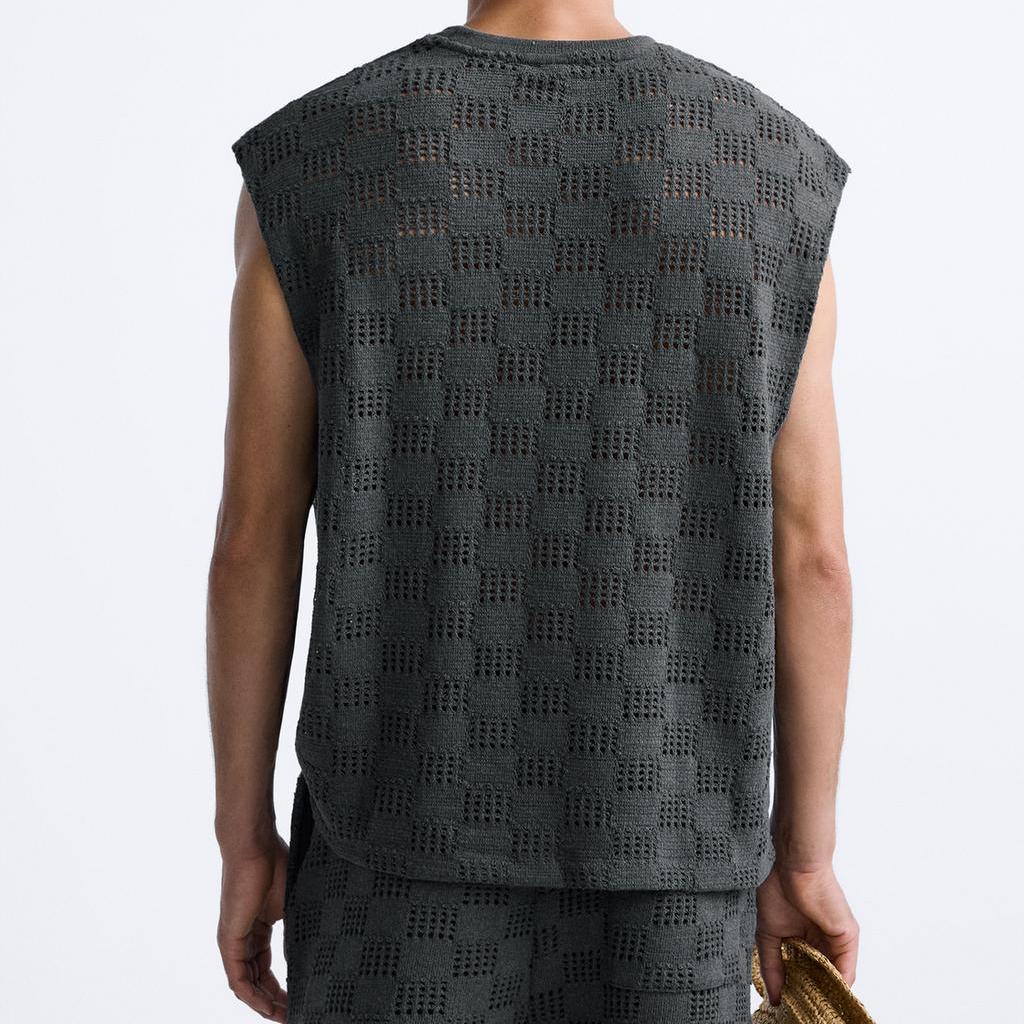 Zara Loose Jacquard American Round Neck Sleeveless T-Shirt Men Tops Gray 3992318-802