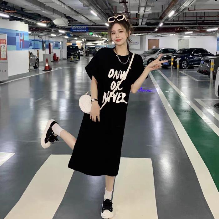 

YYFS Женская мода Лето Весна Короткий рукав Круглый вырез Свободная линия талии Повседневные платья XXXXL чёрный