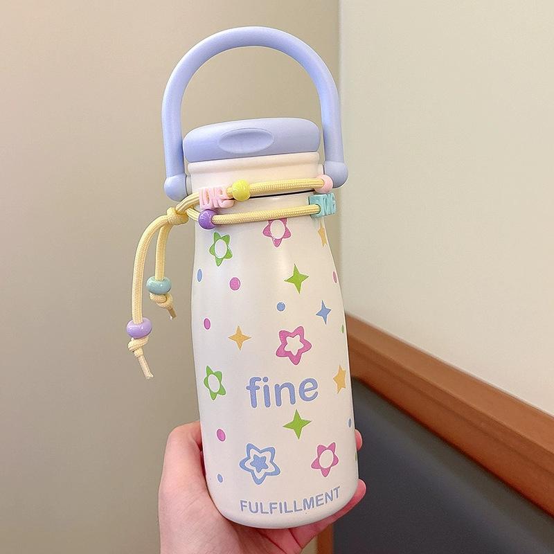 Large Capacity High Value Cartoon Thermos Cup, Girls Portable Double Drink Straw Kettle, Student Strap Cup