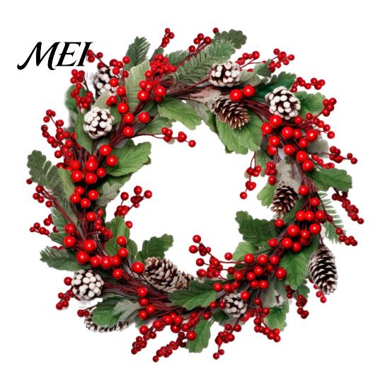 Holiday Home Beautification Christmas Wreath Wall Stickers, Red Berries And Pine Cones Garland Decals, Seasonal Window Filmes Waterproof PVC