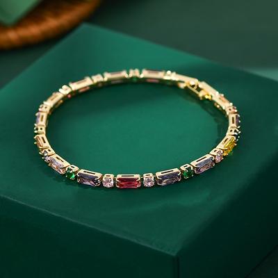 18K Gold Platinierte Regenbogen Baguette CZ Tennisarmband – Luxuriöser Bunter Schmuck, Funkelndes Geschenk für Frauen