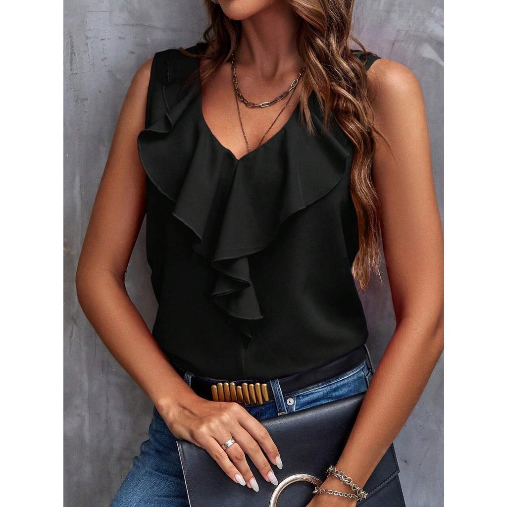 Women Sweet V-neck Ruffle Trim Sleeveless Vest Top 2 Piece Outfit Casual Daily Sets, European American Style Foreign Trade Crossbody Women's Clothing