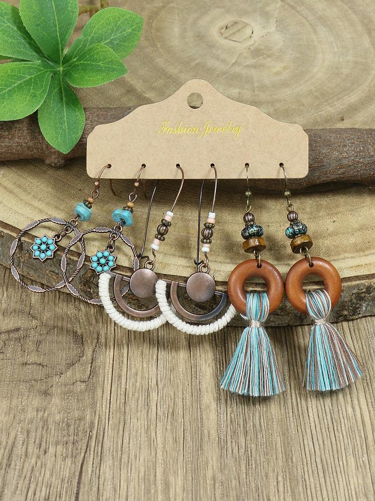 Vintage Bohemian Blue Stone Beads Dropped Earrings for Women's Tassel Ethnic Geometry Long Tassel Earrings Fashion Zircon