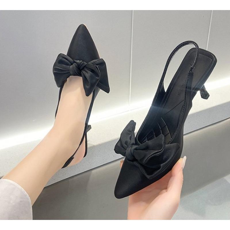 

New Elegant High Heels Women s Shoes Summer Black Shallow Mouth Pointed Toe Bow Slingbacks Luxury Party Office Lady Sandals 42 чорний