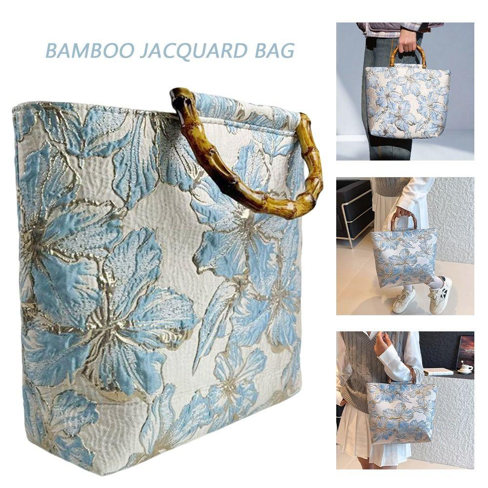 Bamboo Handle Hanfu Tote Bag Vintage Floral Large Capacity Bamboo Jacquard Bag Retro Style National Style Qipao Tote Bag