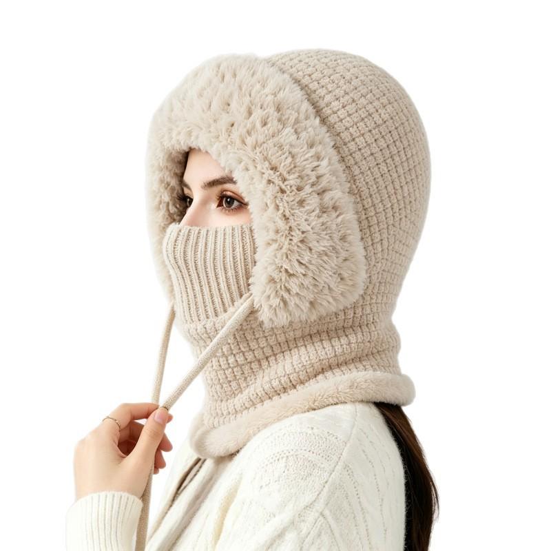 Winter Warm Ear Protection One-piece Hat Women's Scarf One-piece Knitted Hat Fleece Thickened Ski Wool Hat