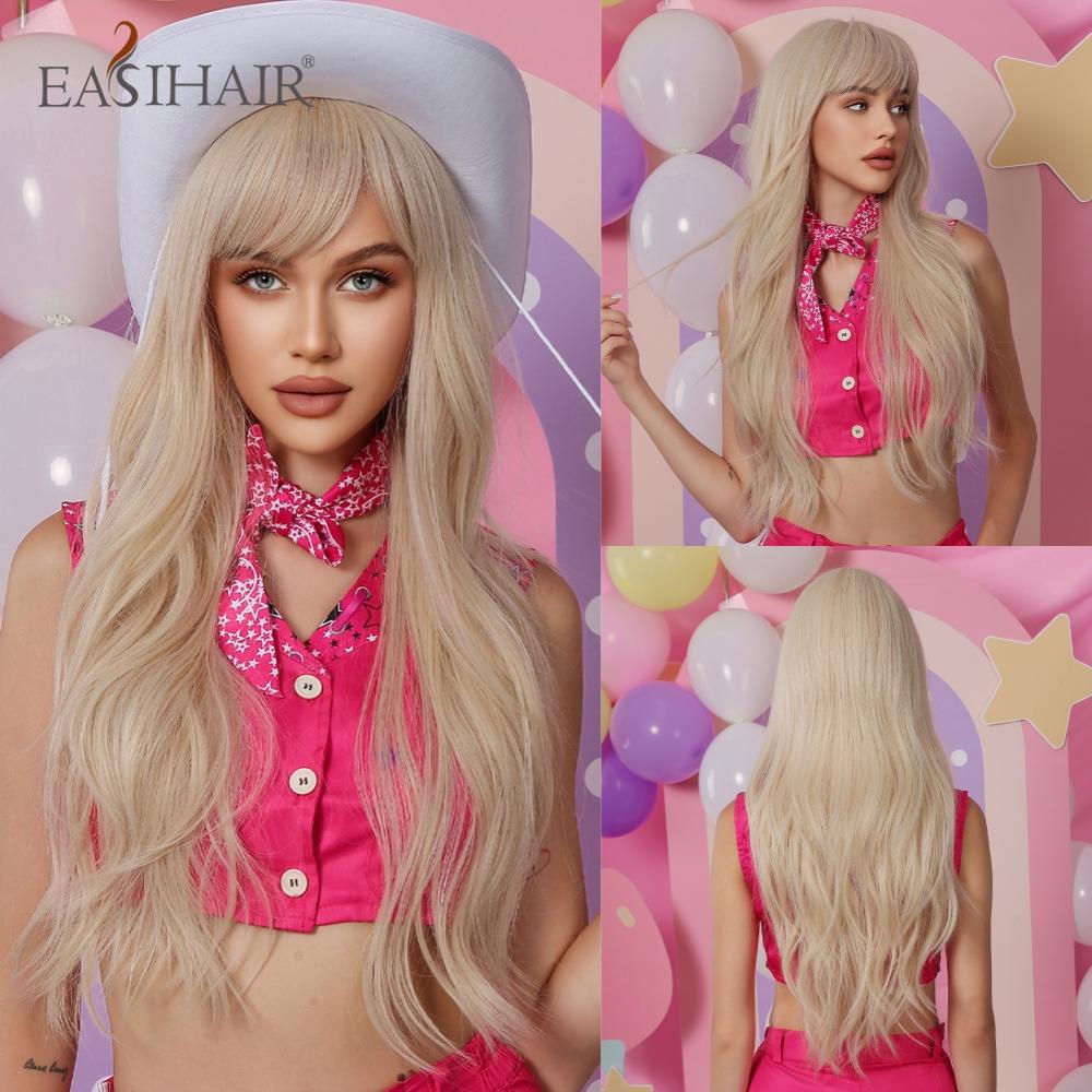EASIHAIR Zandblond Gouden Golvende Synthetische Pruiken met Lange Pony Cosplay Lolita Feest Haar Pruiken voor Vrouwen Natuurlijk Hittebestendig brown