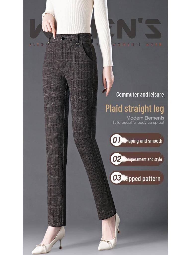 High-Waisted Wool Plaid Slimming Pants for Autumn/Winter 2024 - Straight-Leg, Slim-Fit, Casual Wear for Middle-Aged Women.