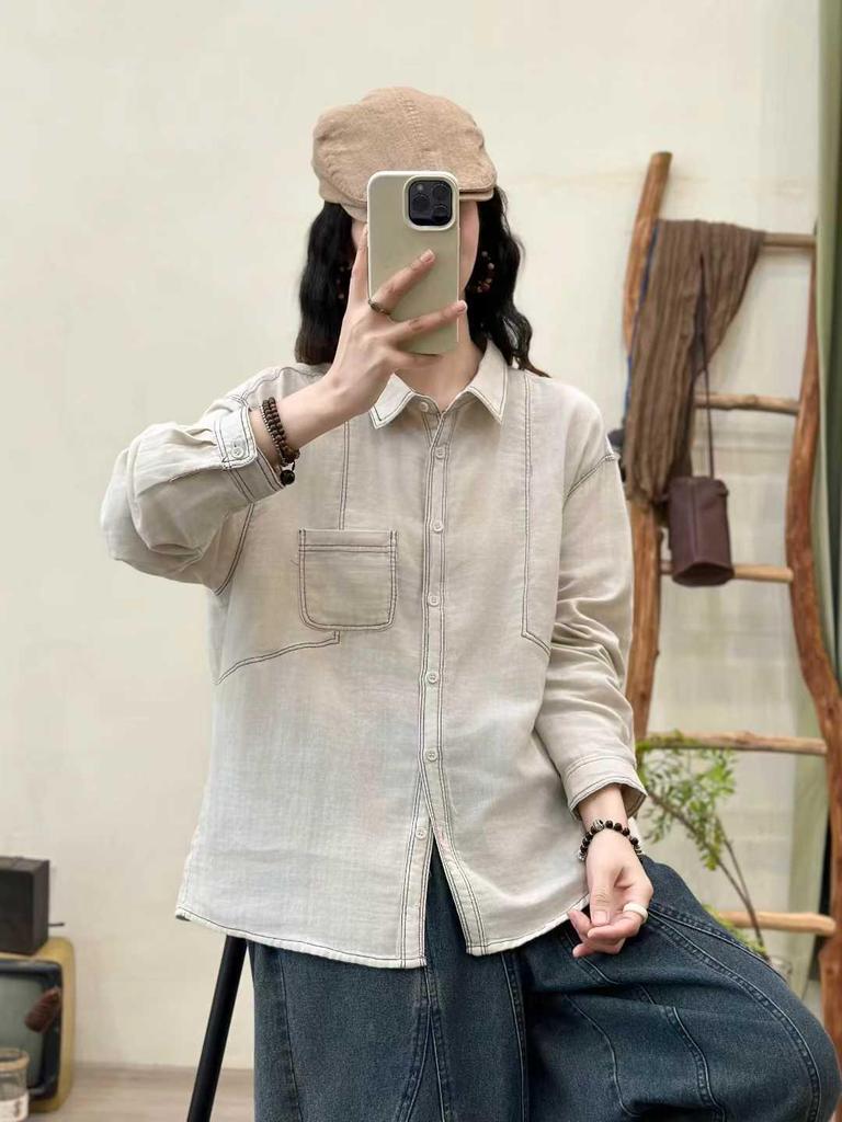 Women's Retro Double-Layer Cotton Gauze Long Sleeve Shirt for Early Spring