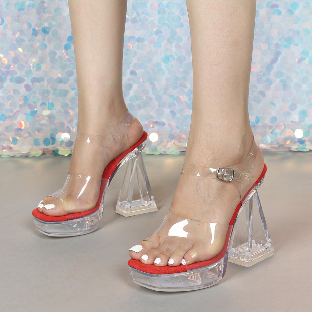 New 12CM Fashion Wedding Sexy Car Model Transparent Thick Heel Crystal Square Head Non-slip Sandals LFD-1989-7