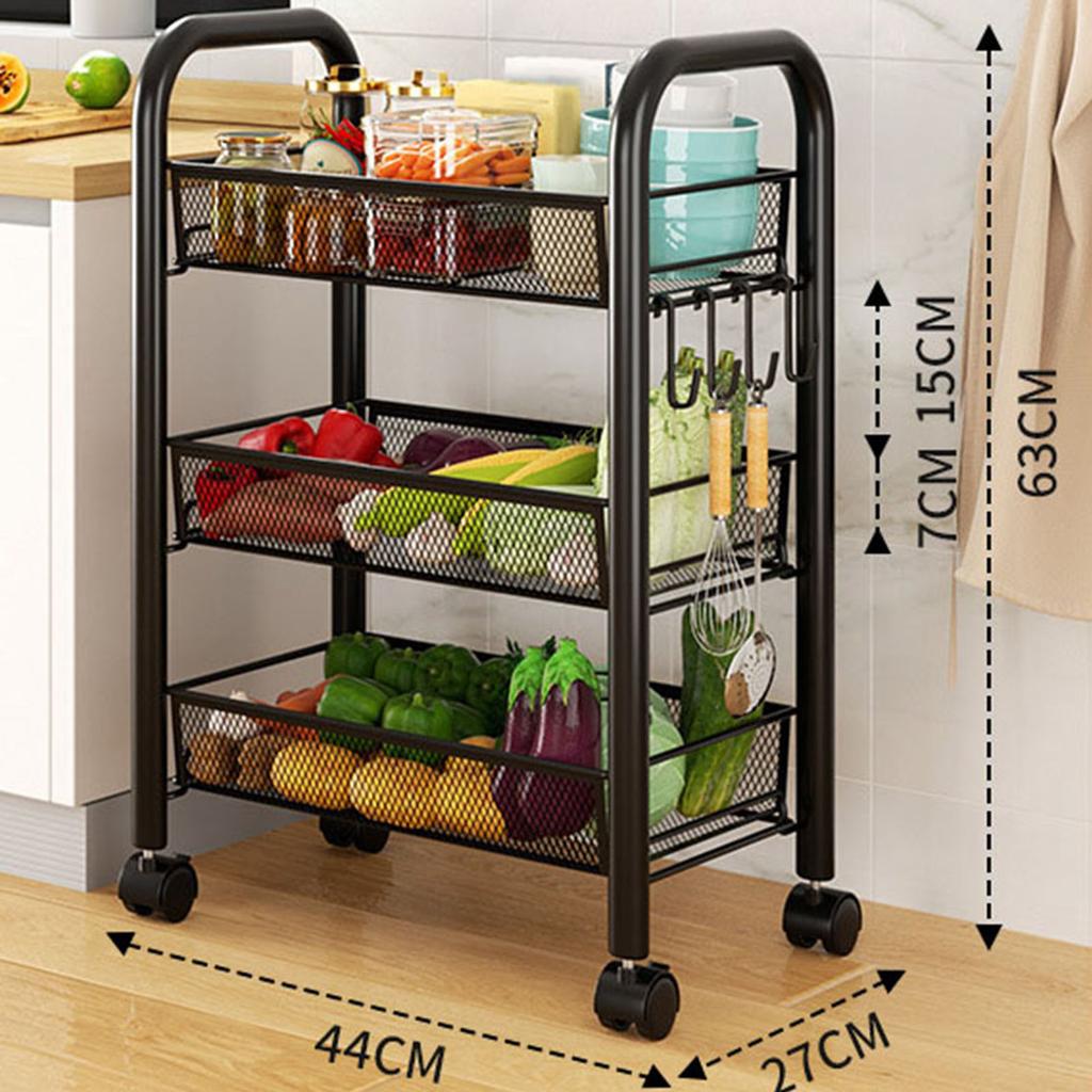 Rolling Storage Cart Layered Storage Shelves Multi Functional Movable Snack Vegetable Baskets Kitchen Shelves Black