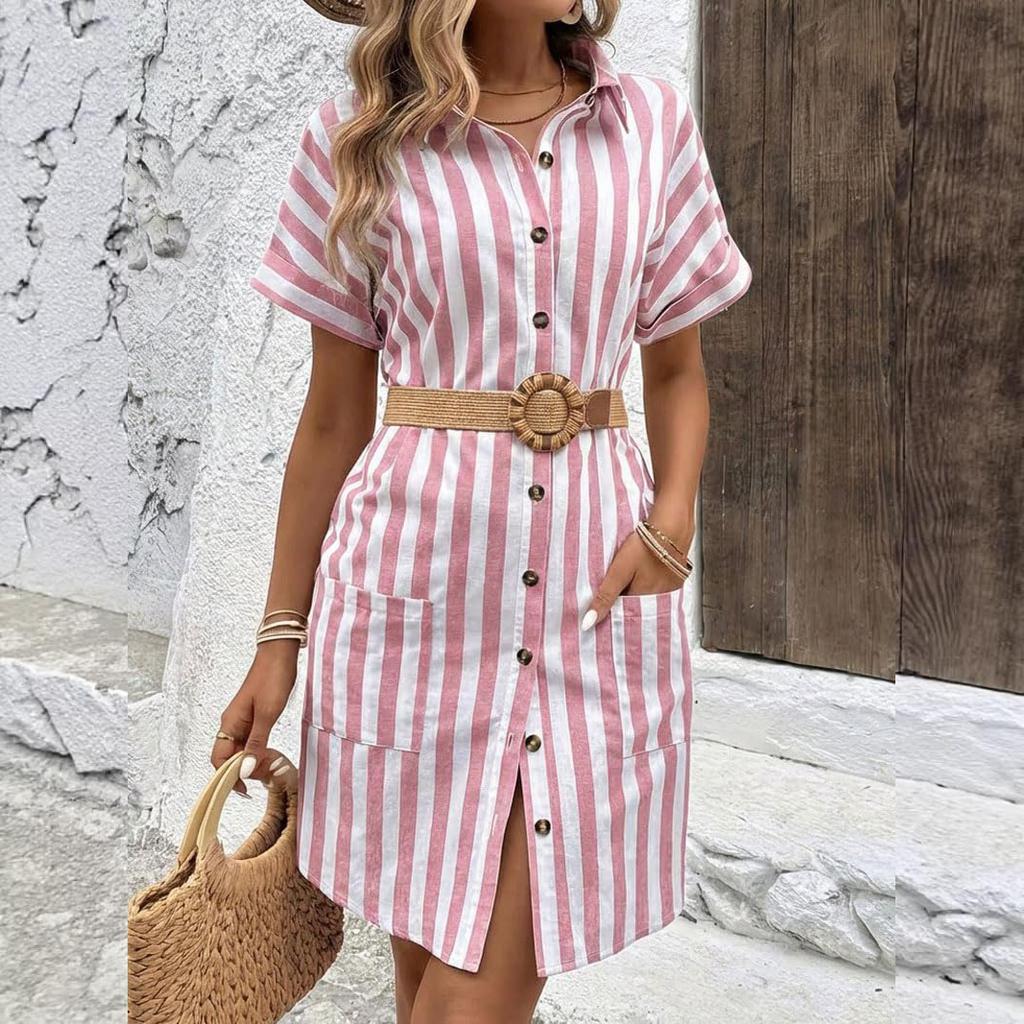 Women's Striped Shirt Dress Short Sleeve Button Front Casual Loose Fit Dress With Pockets