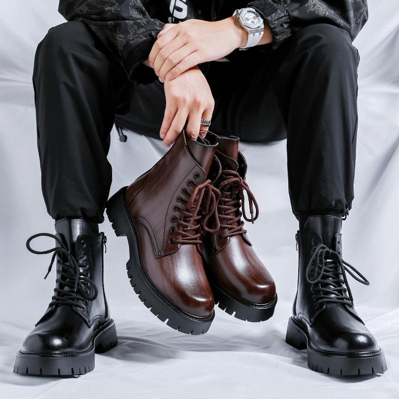 2024 High-Quality Brown Men's Boots Fashion High-Top Leather Shoes Man Comfortable Platform Ankle Boots For Men botas de hombre