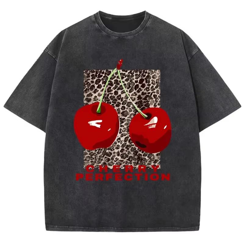 European American Washed Cherry T-shirt Women's Cotton Leopard Print Oversized Retro Black O Neck T Shirt Street Top Women
