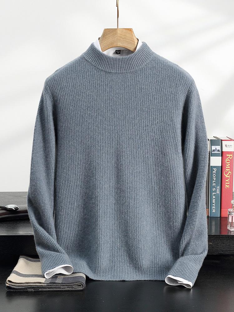 Men's Double-Ply Jacquard Cashmere Sweater - Thick, Half-High Neck, Loose Fit for Autumn/Winter Fashion.