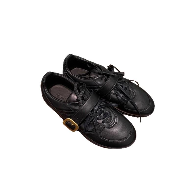 Women's 2025 Genuine Leather Retro Lace-up Ballet Flats with Metal Buckle and Soft Sole