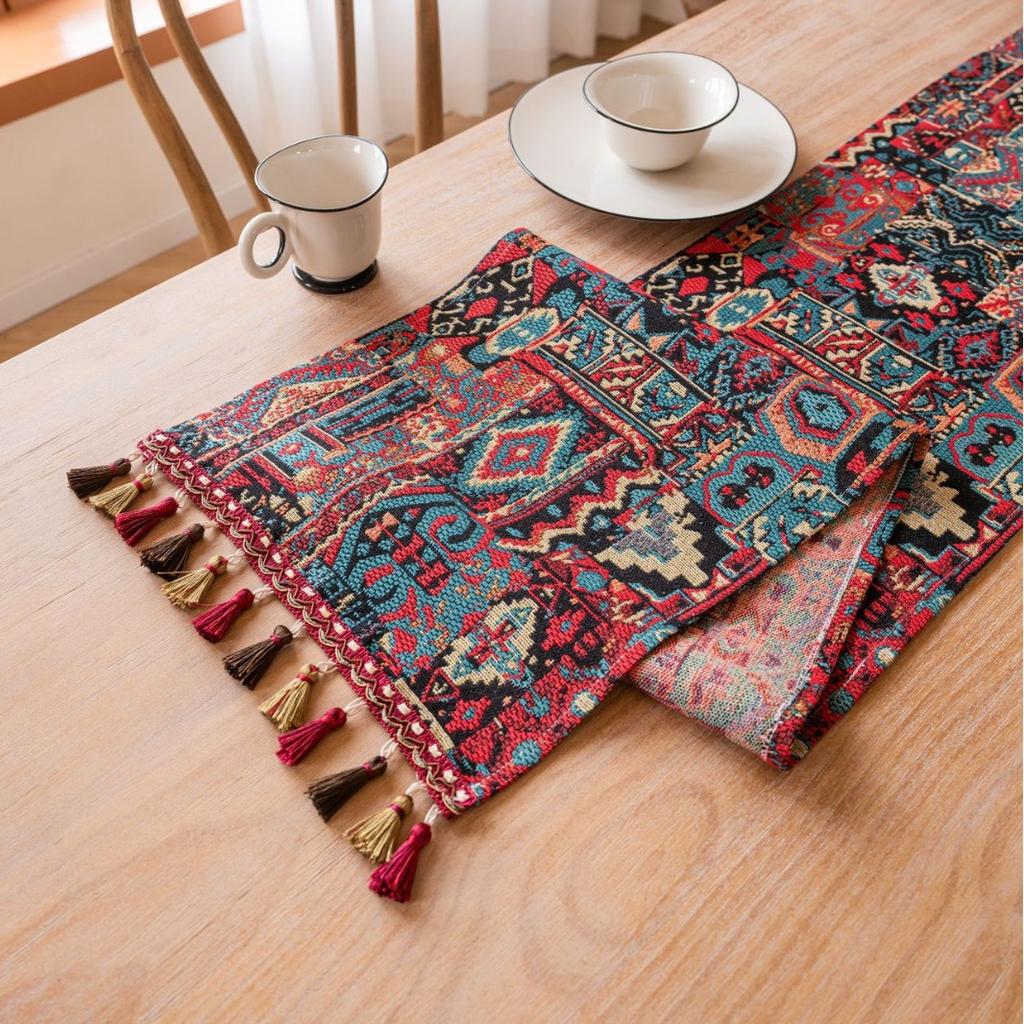 Jacquard Ethnic Style Red Tassels Table Runner, Christmas Kitchen Dining Table Decoration for Home Party Festival