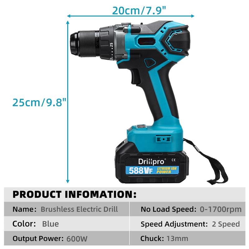 Blue Brushless Electric Impact Drill 25+3 Torque 65N.m 13mm Screwdriver Auxiliary Handle with Li-ion Battery for 18V Battery