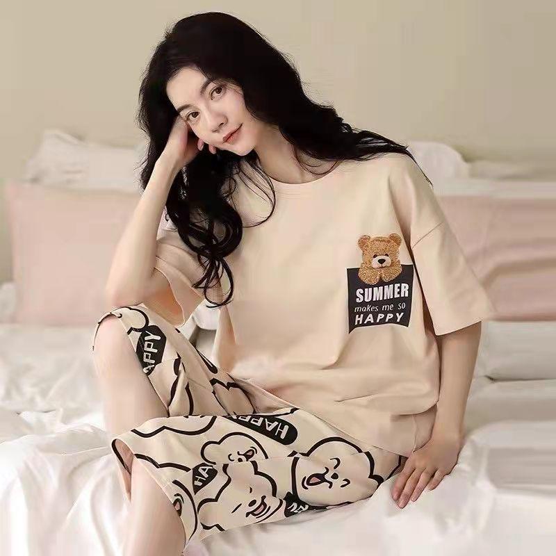 Korean Style Women's Summer Pajama Set – Imitation Cotton, Short Sleeve, Capri Pants, Thin, Cute, Plus Size