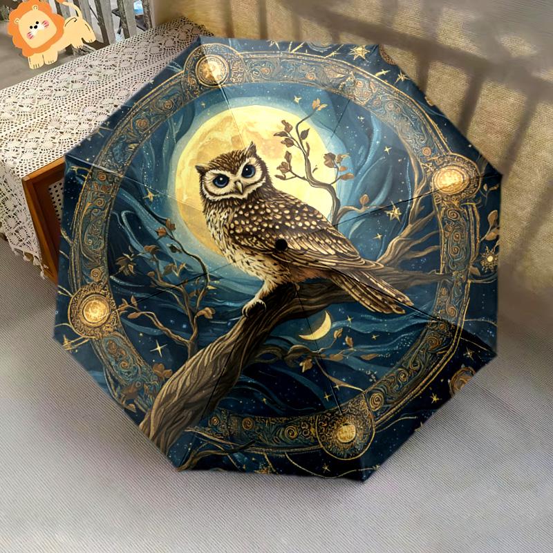 1 PC Automatic Folding Umbrella - Owl Moon Night Pattern, Portable & Foldable Design with 8 Ribs, Christmas Birthday Gifts