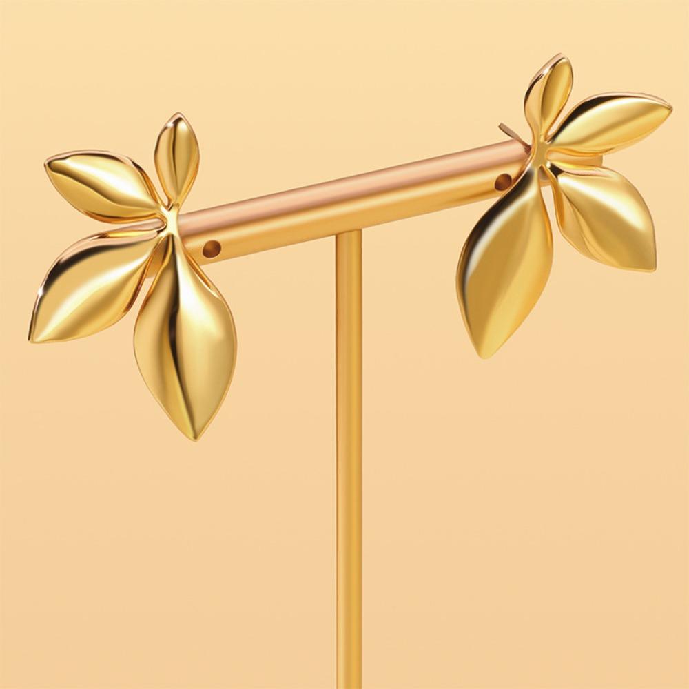 Fashion Temperament Stainless Steel Gold Color Shiny Surface Flower Petals Leaves Stud Earrings for Women Jewelry Accessory Gift