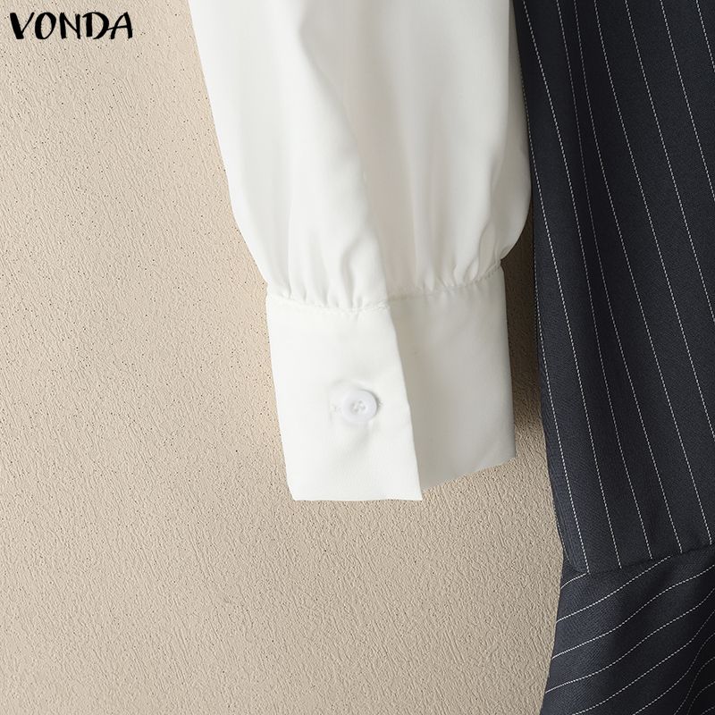 VONDA Womens Fake Two Piece Patchwork Long Sleeve Striped Casual Dress